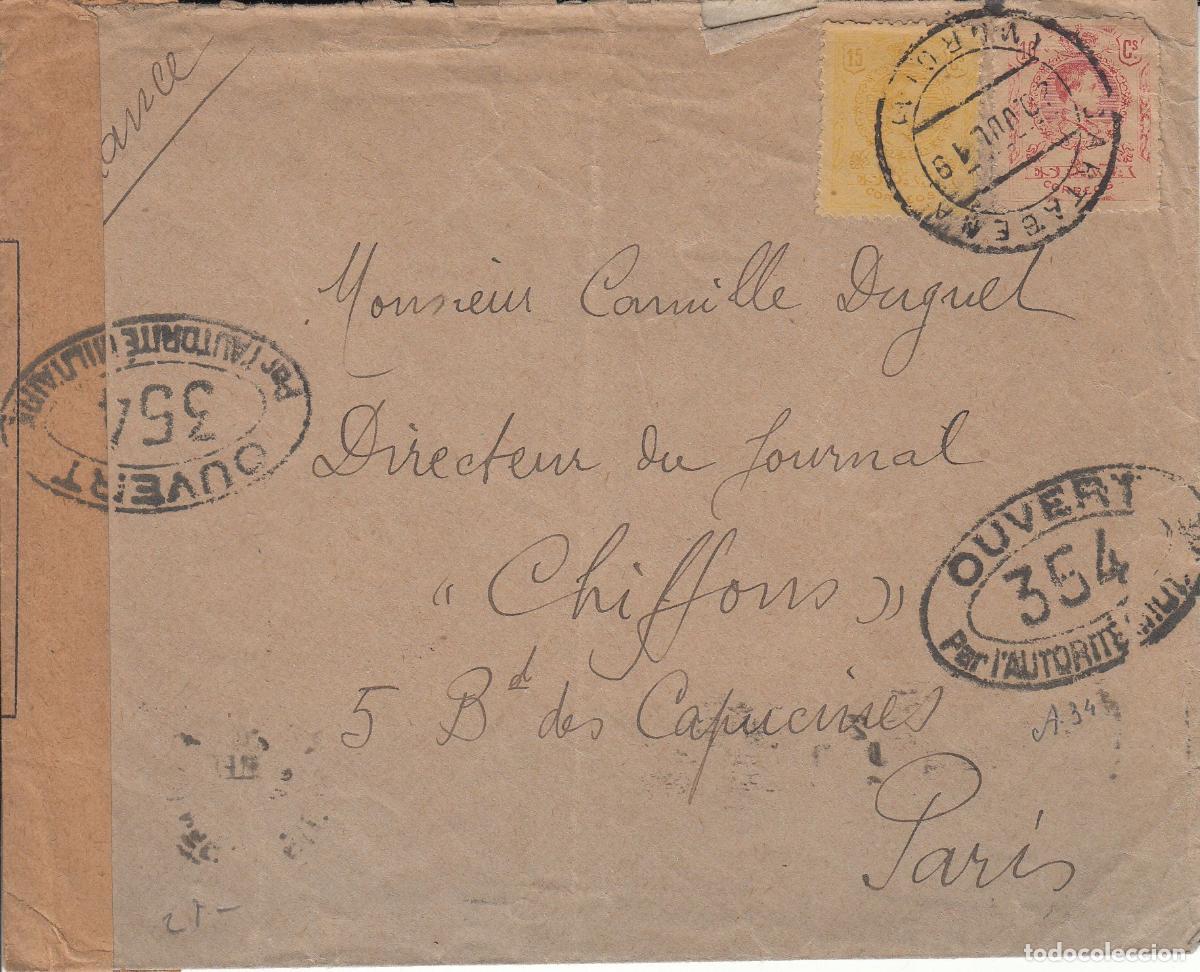 Collecting: CRCAR158 SOBRE DE CARTAGENA (MURCIA) A PARIS CON SELLOS N&ordm; 269 Y 271. FECHADOR 20-07-19 BANDA DE