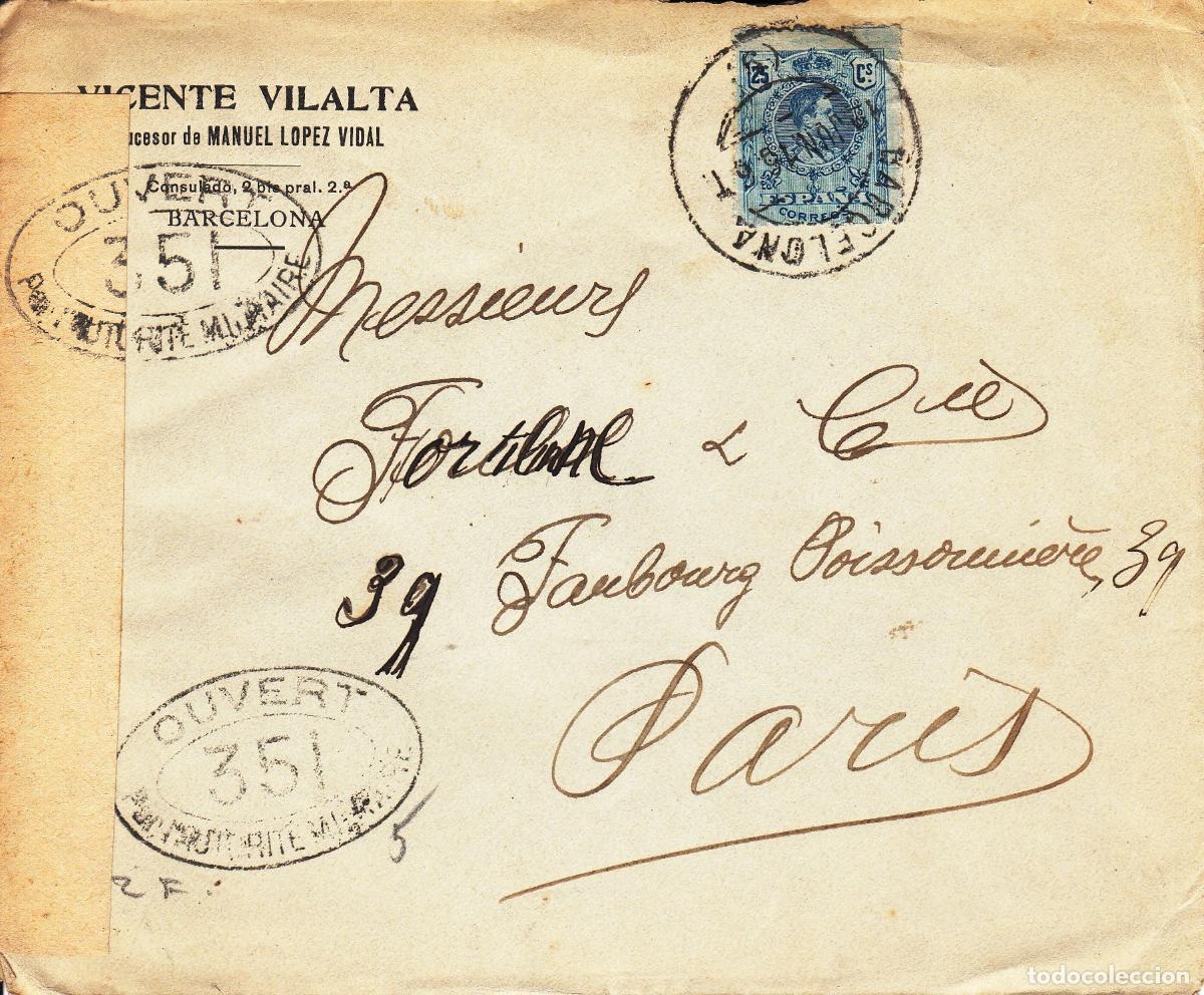 Collecting: CRCAR162 SOBRE DE BARCELONA A PARIS CON SELLO N&ordm; 274. BANDA LATERAL DE LA CENSURA FRANCESA Y MARCA