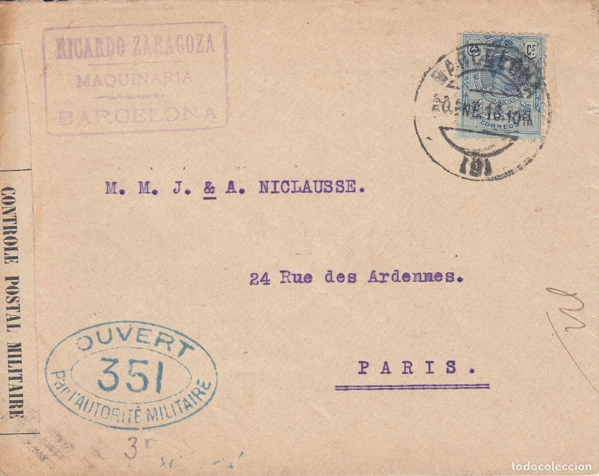 Collecting: CRCAR163 SOBRE DE BARCELONA A PARIS CON SELLO N&ordm; 274. BANDA LATERAL DE LA CENSURA FRANCESA Y MARCA