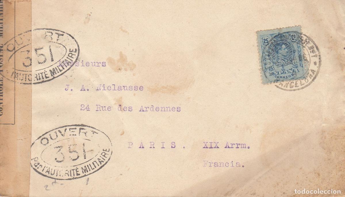 Collecting: CRCAR165 SOBRE DE BARCELONA A PARIS CON SELLO N&ordm; 274. BANDA LATERAL DE LA CENSURA FRANCESA Y MARCA