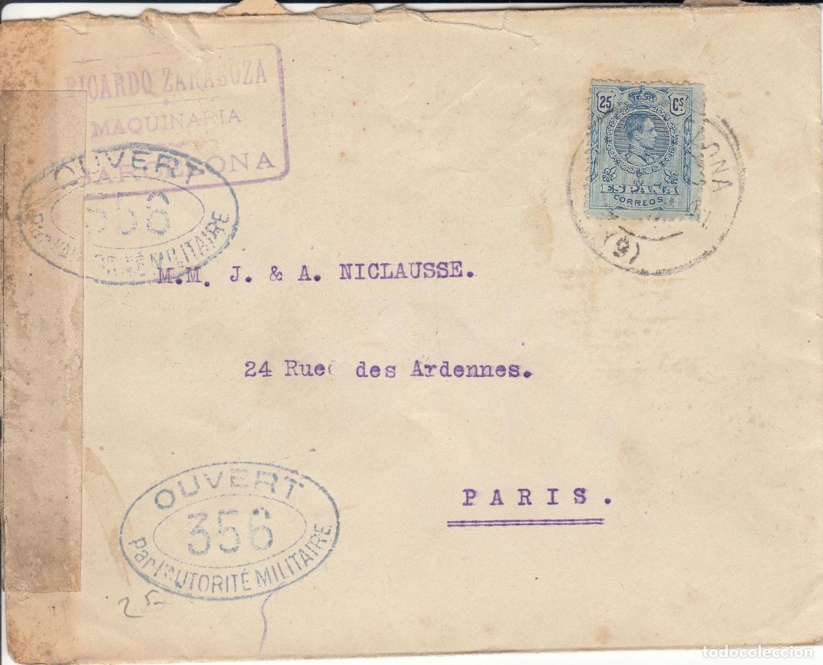 Collecting: CRCAR167 SOBRE DE BARCELONA A PARIS CON SELLO N&ordm; 274. BANDA LATERAL DE LA CENSURA FRANCESA Y MARCA