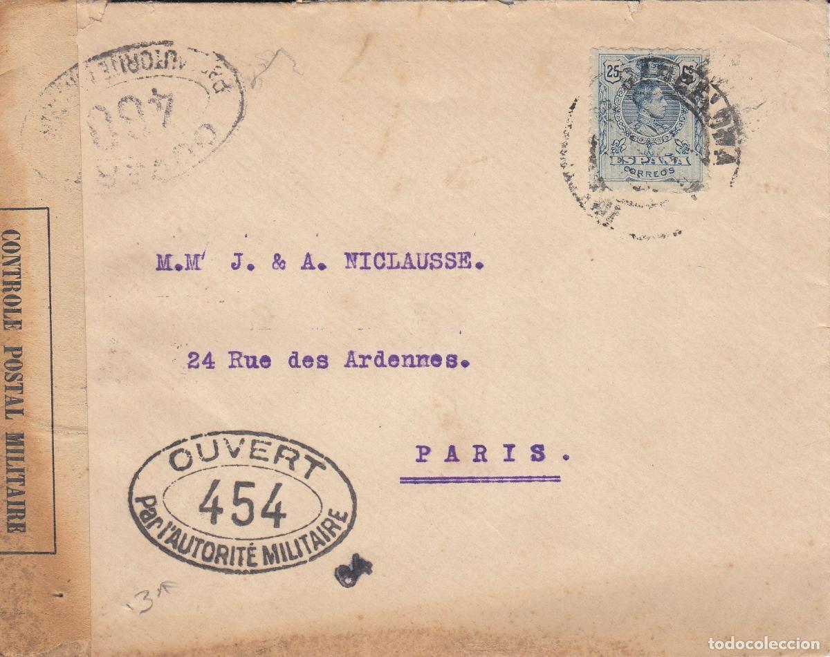 Collecting: CRCAR168 SOBRE DE BARCELONA A PARIS CON SELLO N&ordm; 274. BANDA LATERAL DE LA CENSURA FRANCESA Y MARCA