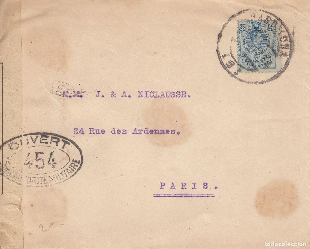 Collecting: CRCAR169 SOBRE DE BARCELONA A PARIS CON SELLO N&ordm; 274. BANDA LATERAL DE LA CENSURA FRANCESA Y MARCA