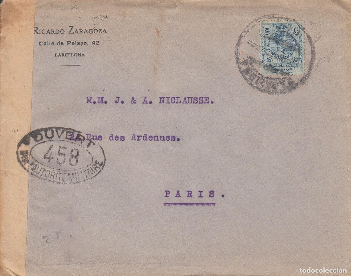 Collecting: CRCAR170 SOBRE DE BARCELONA A PARIS CON SELLO N&ordm; 274. BANDA LATERAL DE LA CENSURA FRANCESA Y MARCA