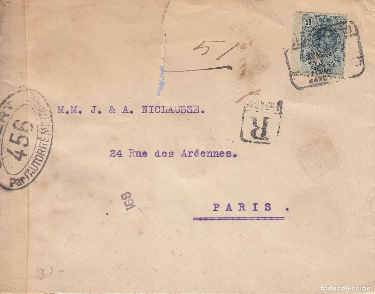 Collecting: CRCAR173 SOBRE DE BARCELONA A PARIS CON SELLO N&ordm; 277. MATASELLO RECTIFICADO MARCA R EN RECUADRO