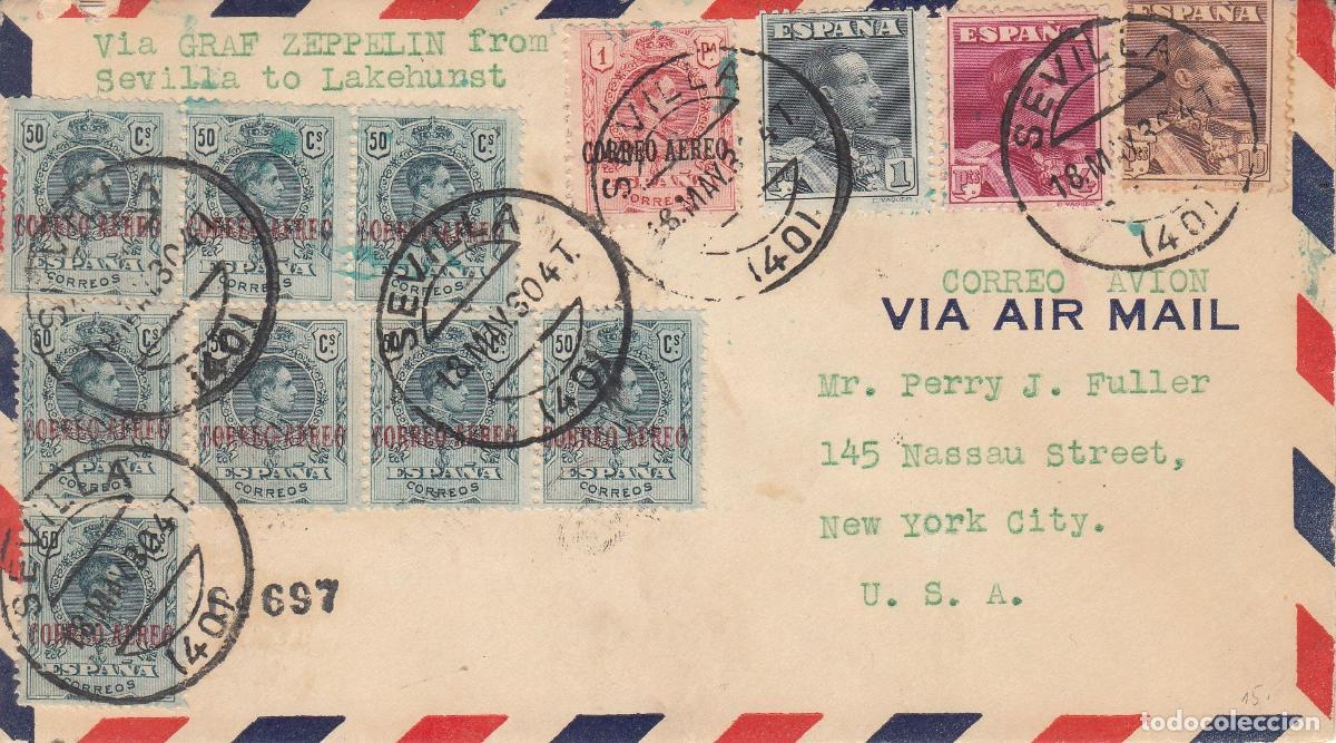 Collecting: CRCAR175 RARO SOBRE DE SEVILLA A NY CON SELLOS 299 -8-, 296, 321, 322 Y 323 A TRAVES DEL GRAF