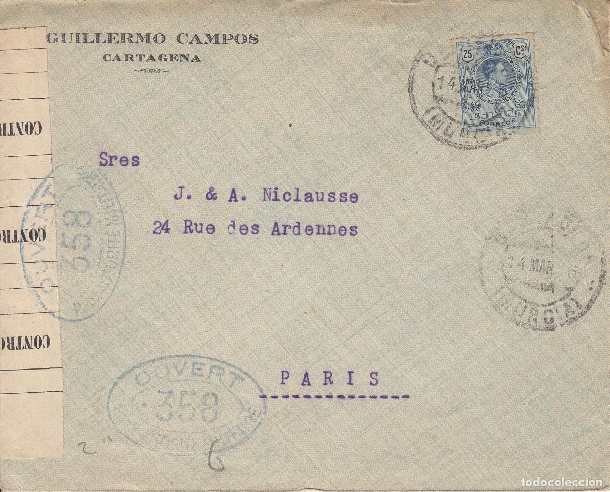 Collecting: CRCAR178 SOBRE DE CARTAGENA A PARIS CON SELLO N&ordm; 274 BANDA LATERAL DE CENSURA Y N&ordm; 358 DE HABER