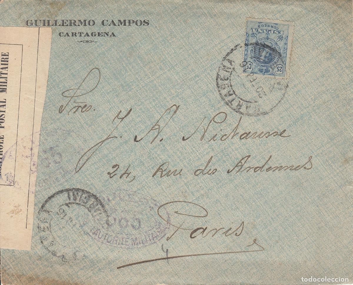 Collecting: CRCAR179 SOBRE DE CARTAGENA A PARIS CON SELLO N&ordm; 274 BANDA LATERAL DE CENSURA Y N&ordm; 369 DE HABER