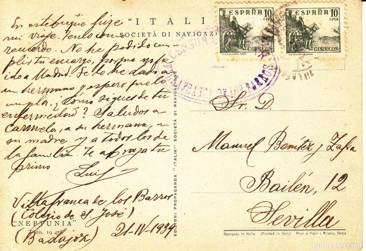 Coleccionismo: CRCAR196 TARJETA POSTAL DEL BARCO NEPTUNIA DE VILLAFRANCO DE LOS BARRIOS A SEVILLA CON SELLOS N&ordm;