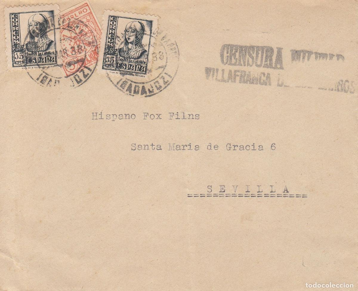 Coleccionismo: CRCAR199 SOBRE DE VILLAFRANCO DE LOS BARRIOS A SEVILLA CON SELLO N&ordm; 820 -2- Y LOCAL DE BADAJOZ N&ordm;
