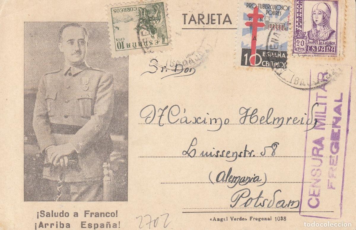 Coleccionismo: CRCAR207 TARJETA POSTAL CON EFIGIE DE FRANCO CON LOS SELLOS N&ordm; 817, 855 Y 866. CENSURA EN VIOLETA