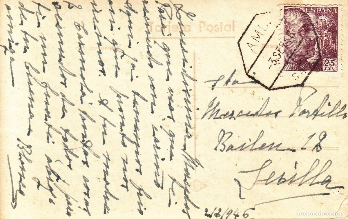 Coleccionismo: CRCAR217 TARJETA POSTAL DE CADIZ A SEVILLA. CON SELLO N&ordm; 923. MATASELLOS AMBULANTE -6- CADIZ DEL