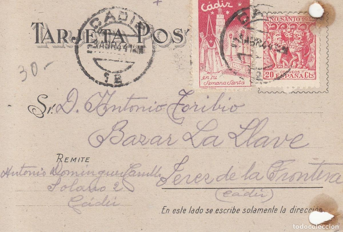 Coleccionismo: CRCAR227 TARJETA POSTAL CON TALADRO DE ARCHIVO DE CADIZ A JEREZ. CON SELLOS N&ordm; 964 Y VI&Ntilde;ETA DE LA
