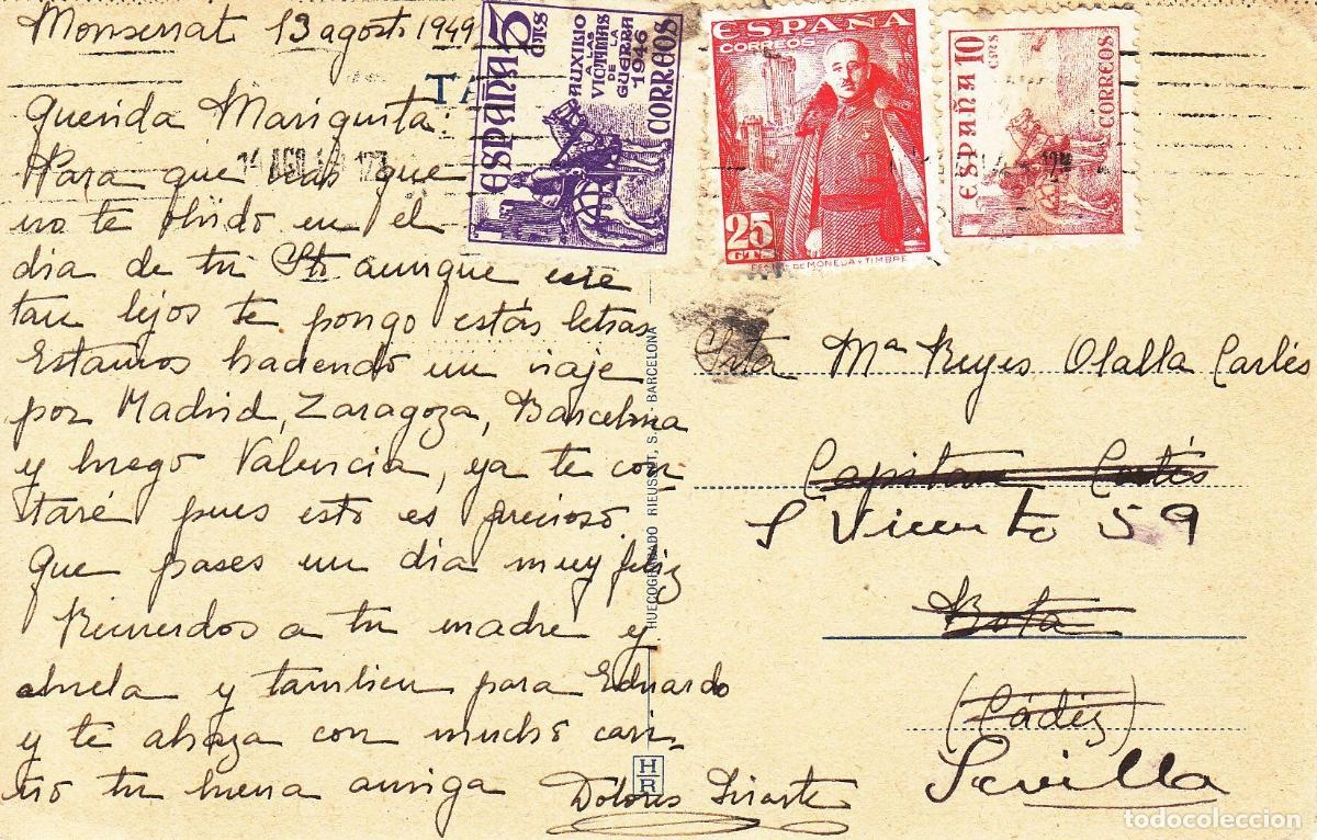Coleccionismo: CRCAR229 TARJETA POSTAL DE MONTSERRAT A CADIZ. REEXPEDIDA A SEVILLA EL 17-08-49 SELLOS N&ordm; 1024,