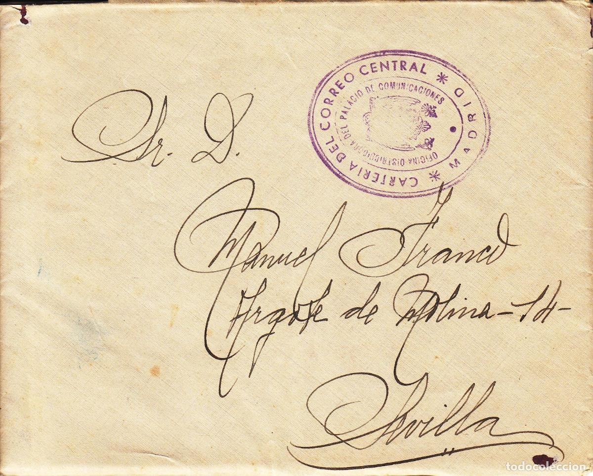 Coleccionismo: CRCAR238 SOBRE CON CARTA COMPLETA DE MADRID A SEVILLA CON MARCA VIOLETA DE LA CARTERIA DEL CORREO