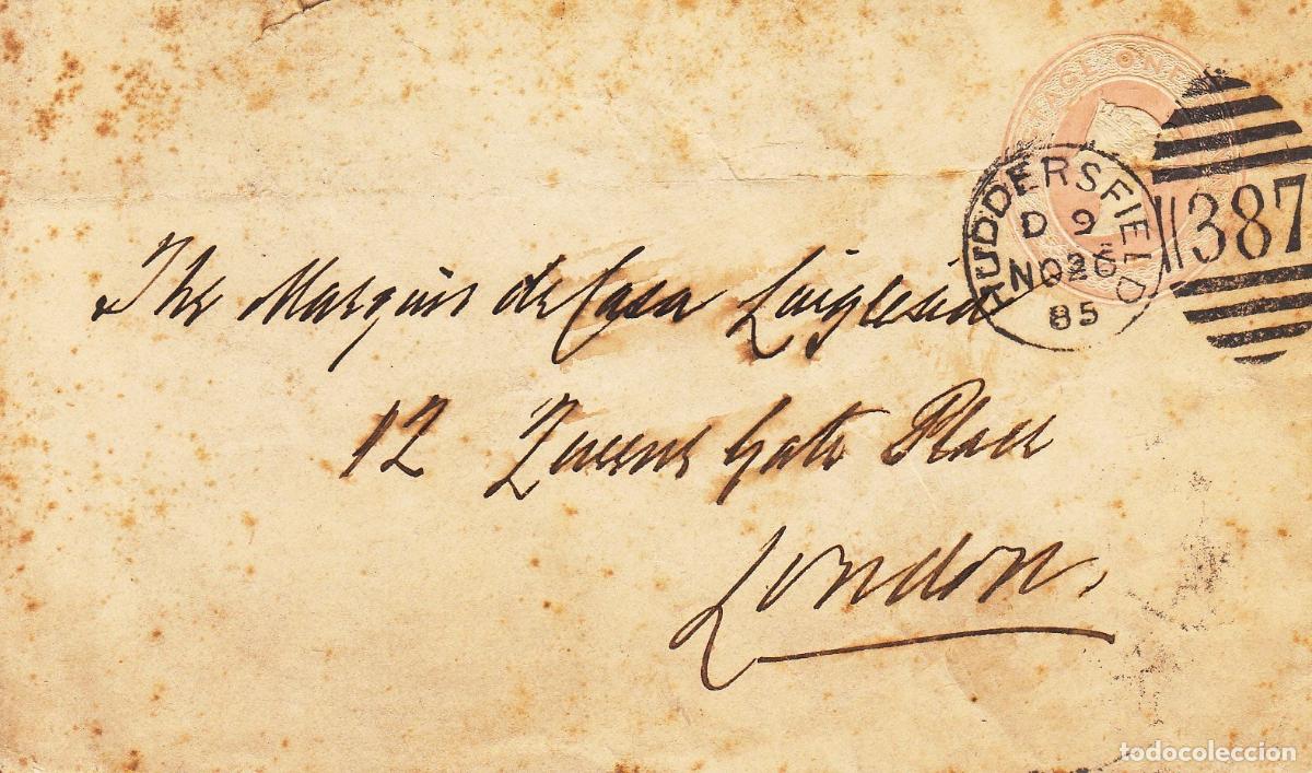 Coleccionismo: CRCAR246 SOBRE ENTERO POSTAL CON MANCHAS DEL TIEMPO DE HUDDERSFIELD A LONDRES MATASELLOS NOVIEMBRE