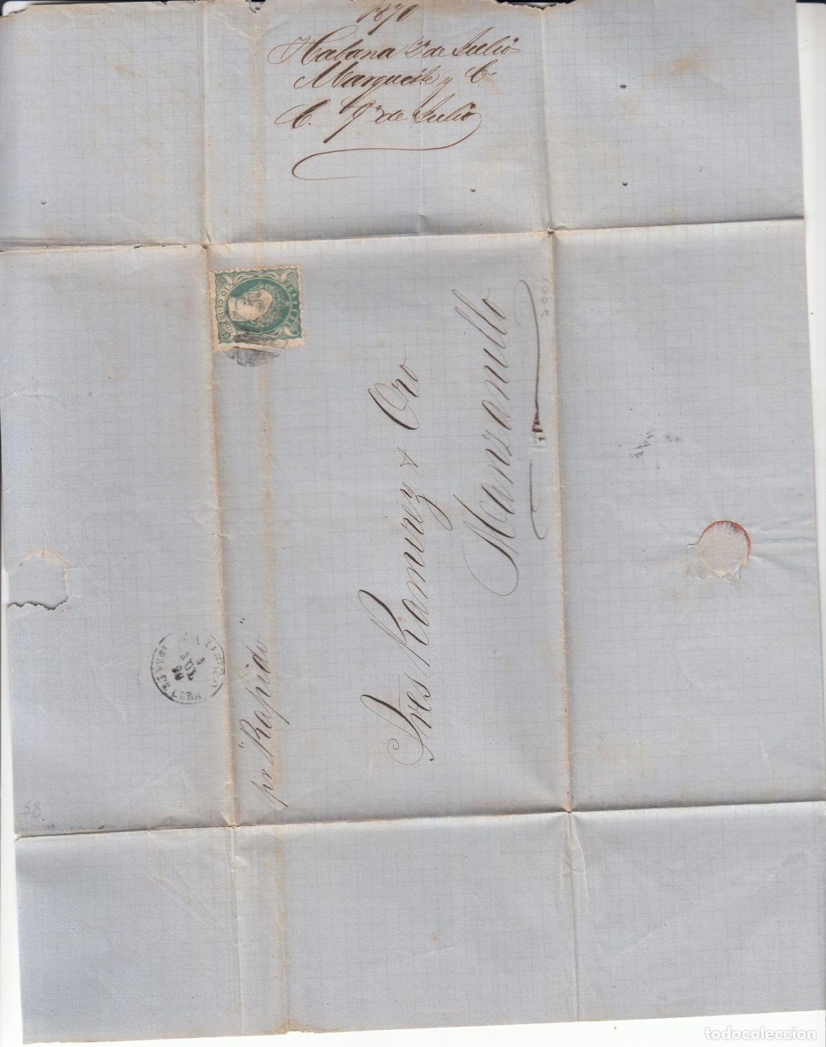 Coleccionismo: CRCAR259 CARTA COMPLETA DE LA HABANA A MANZANILLA (HUELVA) CON SELLO N&ordm; 19 DE ANTILLAS. MATASELLO