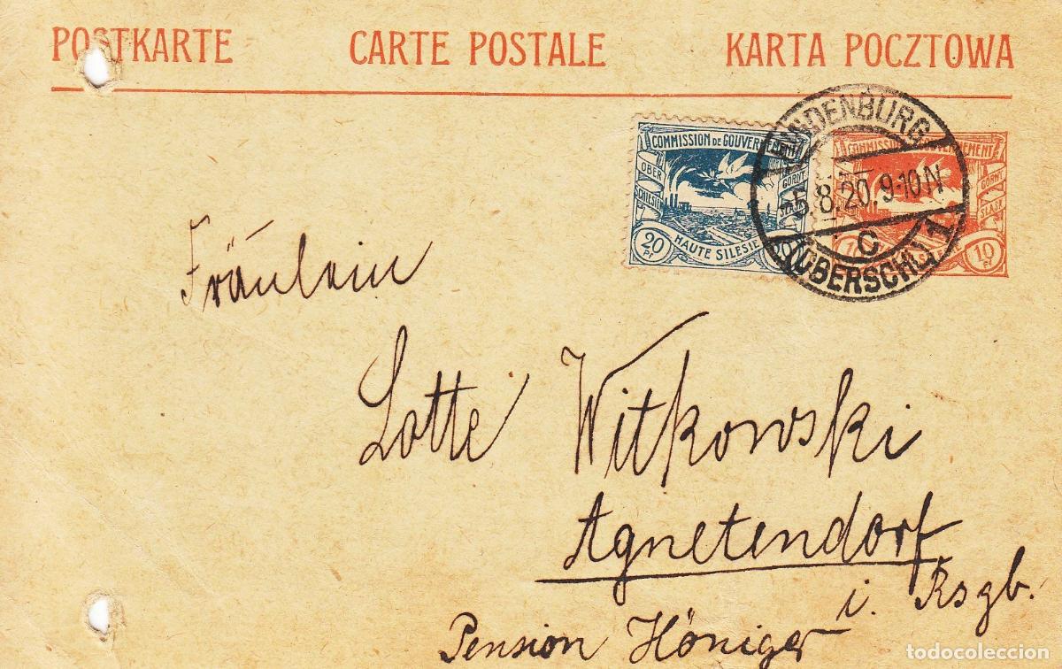 Coleccionismo: CRCAR295 ENTERO POSTAL DE ALTA SILESIA COMPLEMENTADO CON SELLO DE 20 PF. MATASELLOS HINDEMBURG