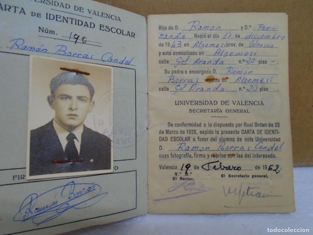 Coleccionismo: UNIVERSIDAD LITERARIA DE VALENCIA.CARNET DE IDENTIDAD ESCOLAR.VALENCIA 1962.