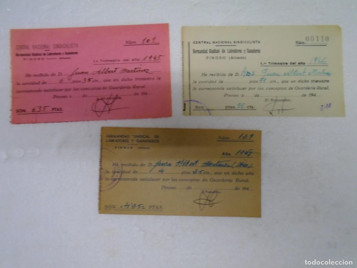 Coleccionismo: PINOSO(ALICANTE)HERMANDAD SINDICAL DE LABRADORES Y GANADEROS 1945-46-48.