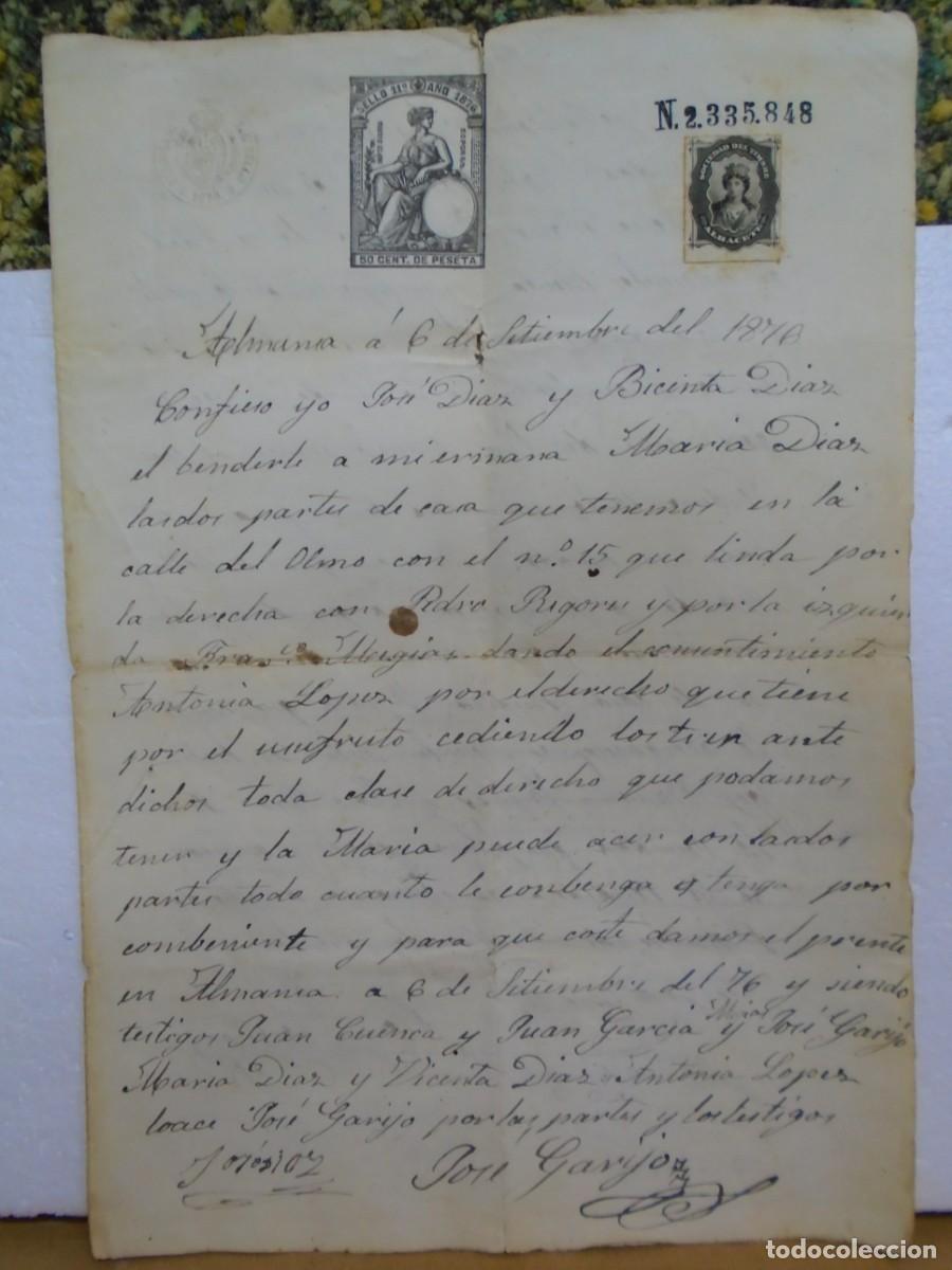 Coleccionismo: ALMANSA(ALBACETE)DOCUMENTO VENTA DE HERENCIA 1876.PAPEL TIMBRADO SELLO 11&ordm; DE 50 CENT.DE PTA.