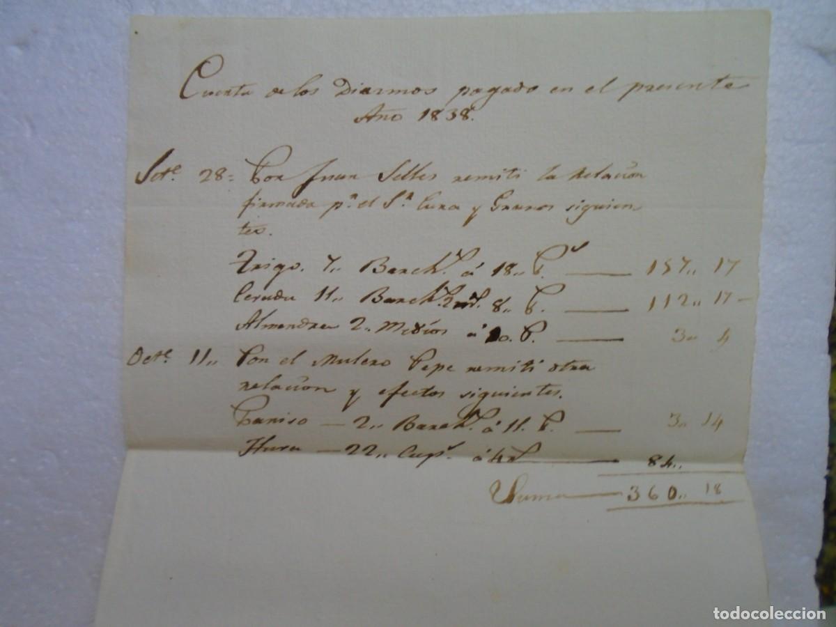 Coleccionismo: CUENTA DE DIEZMOS PAGADOS EN EL A&Ntilde;O 1838:TRIGO,CEBADA,ALMENDRA,ETC...