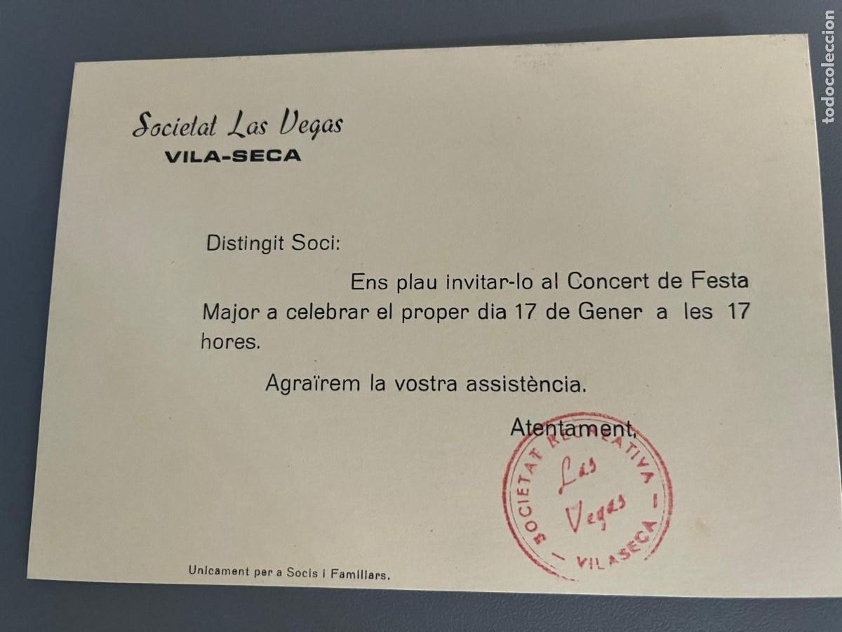 Coleccionismo: invitaci&oacute;n societat Las Vegas Vilaseca Tarragona