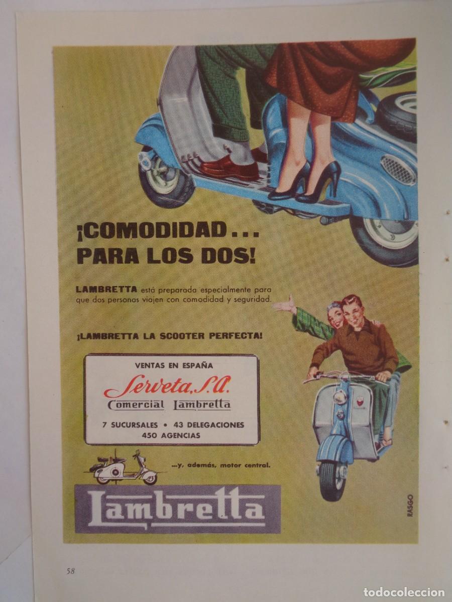 Coleccionismo: HOJA DE REVISTA CON ANUNCIO DE LA NUEVA MOTO LAMBRETTA , VENTA EN SERVETA, S.A. . A&Ntilde;OS 50