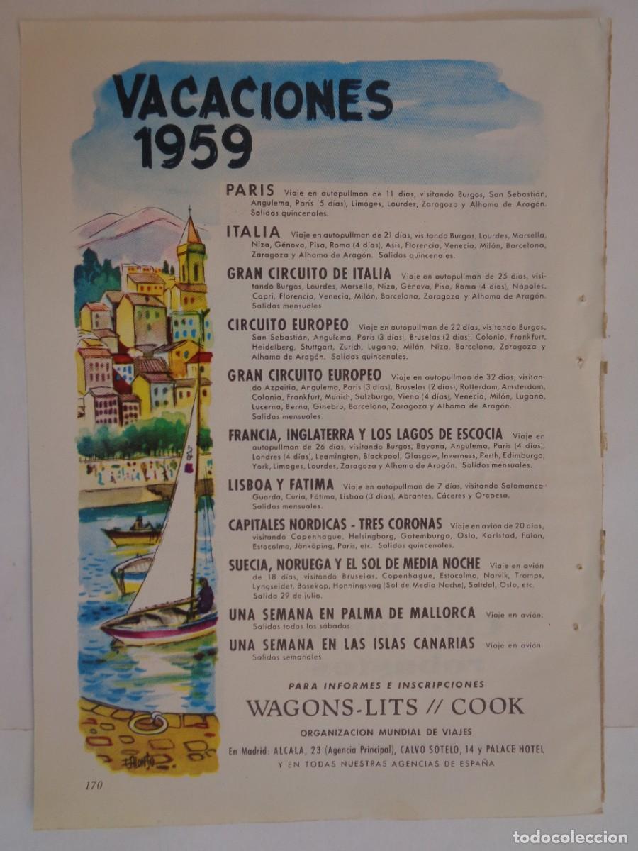 Coleccionismo: HOJA DE REVISTA CON ANUNCIO DE WAGONS-LITS // COOK : VACACIONES 1959. A&Ntilde;OS 50