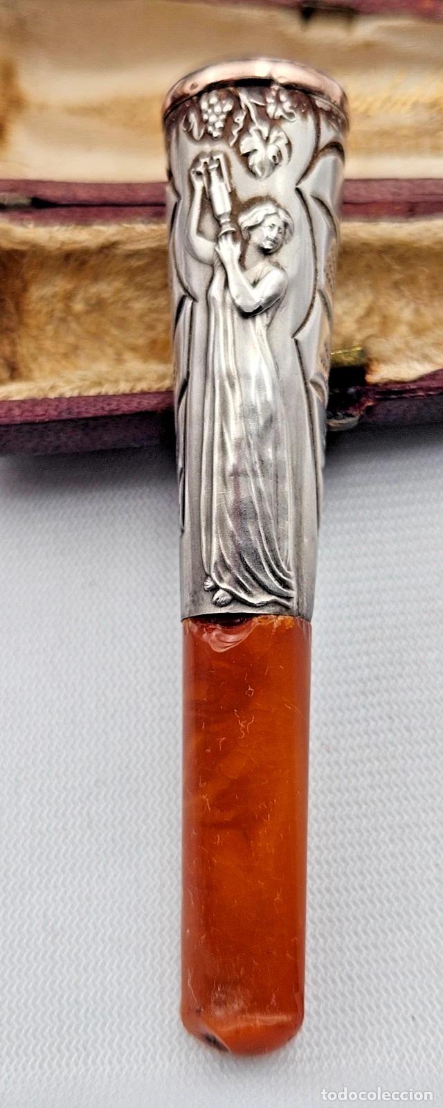 Coleccionismo: ART NOUVEAU EMBOUT FUME CIGARE CIGARETTE EN ARGENT ET AMBRE AVEC ETUI