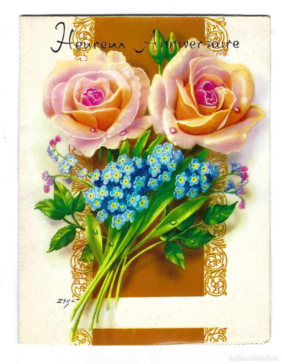 Coleccionismo: TARJETA FELICITACI&Oacute;N CUMPLEA&Ntilde;OS TROQUELADA- JOYEUX ANNIVERSAIRE. ILUSTRADA POR ZSOLT. ROSAS