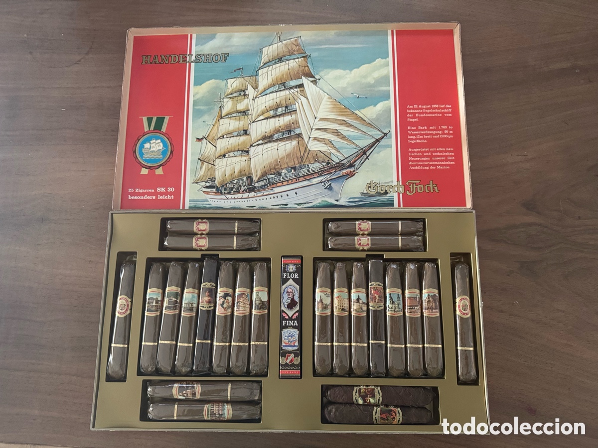 Coleccionismo: Antigua caja de puros HANDELSHOF Gorch Fock SK 30 - 25 Zigarren - A&ntilde;os 60 con faja fiscal 7,50 DM