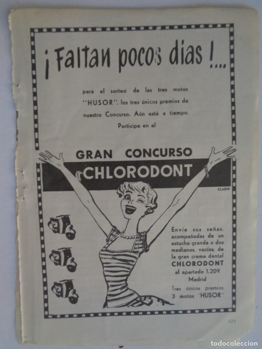 Colecionismo: HOJA DE REVISTA CON ANUNCIO DE CREMA DE DIENTES CHLORODONT , SORTEA TRES MOTOS HUSOR . A&Ntilde;OS 50