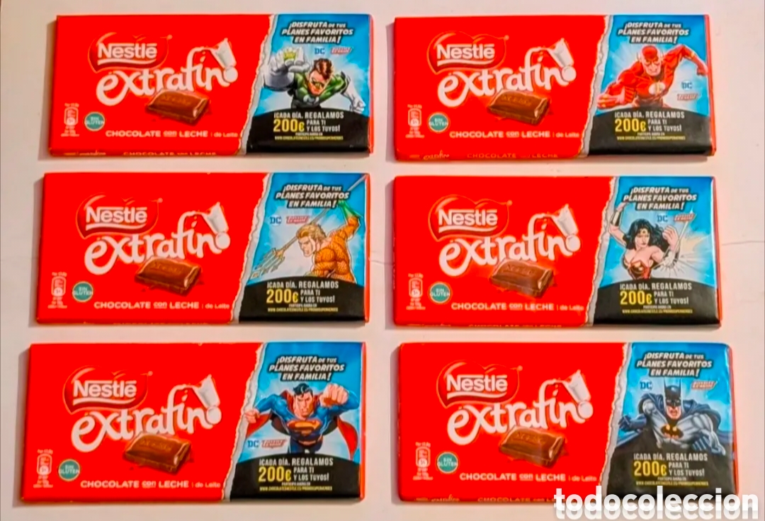 Coleccionismo: Colecci&oacute;n completa Envoltorio sin abrir Chocolate Nestl&eacute; Extrafino Super H&eacute;roes DC. MARVEL
