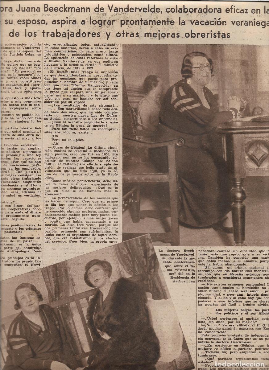 Coleccionismo: A&Ntilde;O 1933 RECORTE PRENSA DOCTORA JUANA BEECKMANN DE VANDERVELDE MEJORAS OBREROS VACACIONES VERANO