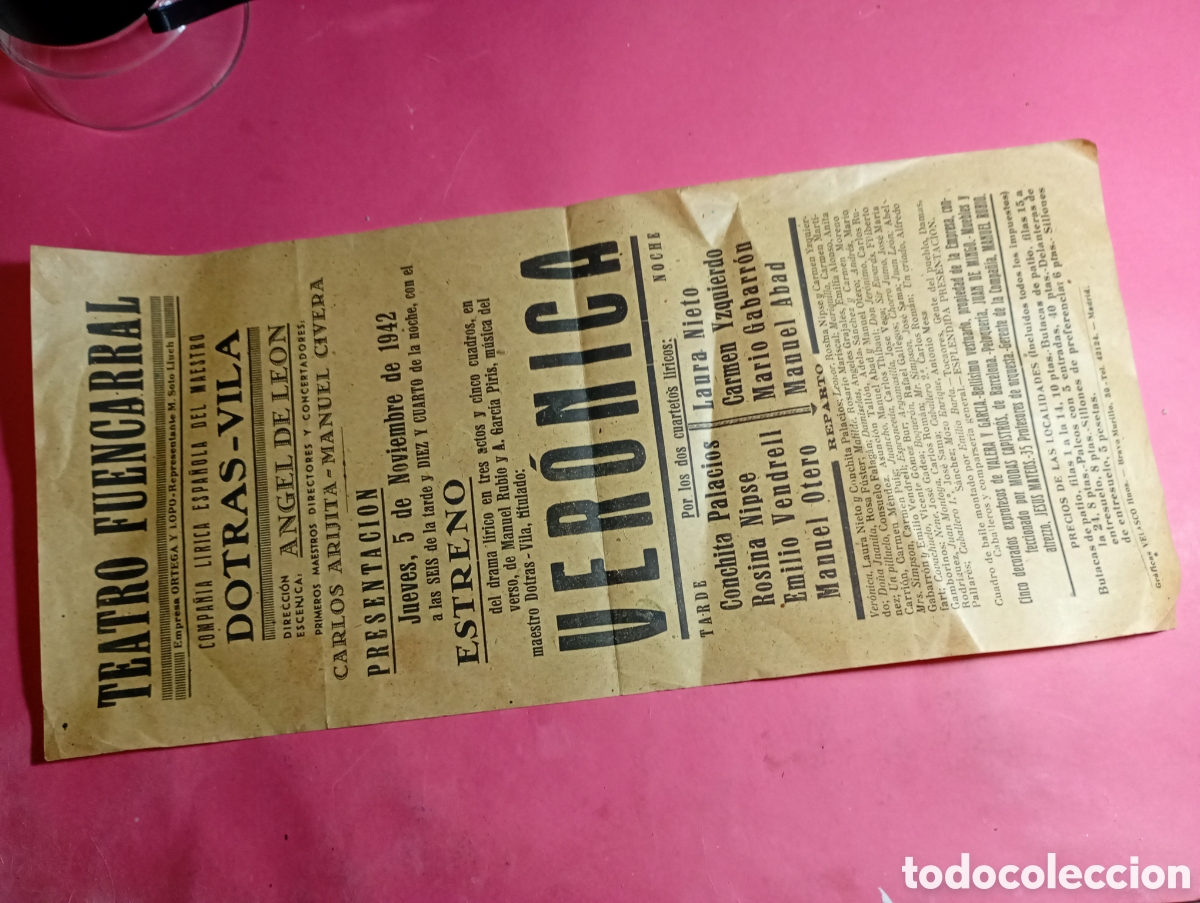Coleccionismo: FUENCARRAL TEATRO NOVIEMBRE 1942 ''VERONICA'' COMPA&Ntilde;IA MAESTRO DOTRAS VILA