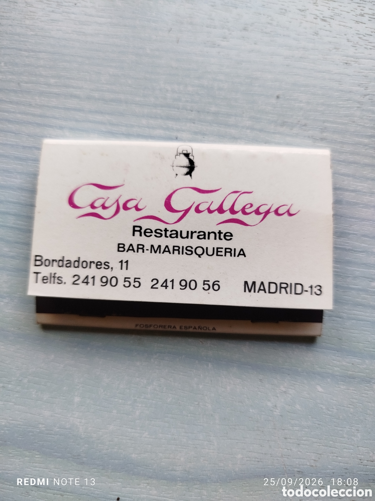 Collectionnisme: Caja cerillas restaurante casa gallega Madrid
