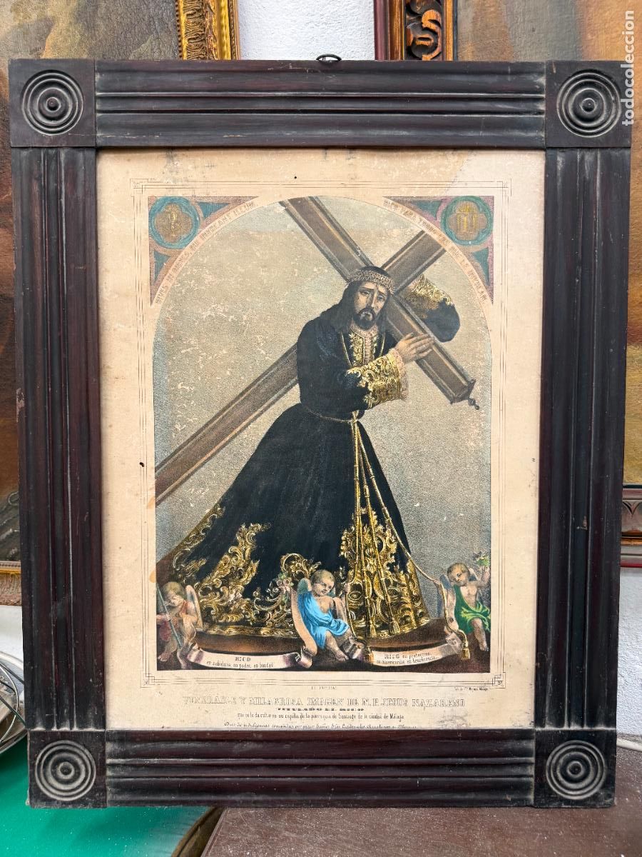 Coleccionismo: ANTIGUA CROMOLITOGRAFIA DE JESUS EL RICO - SEMANA SANTA MALAGA - MEDIDA MARCO 72X58 CM