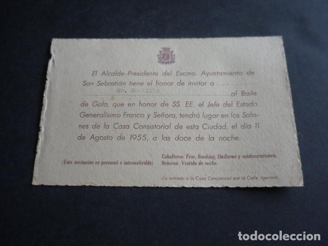 Coleccionismo: SAN SEBASTIAN 1955 INVITACION BAILE DE GALA VISITA GENERALISIMO FRANCO Y SE&Ntilde;ORA CASA CONSISTORIAL