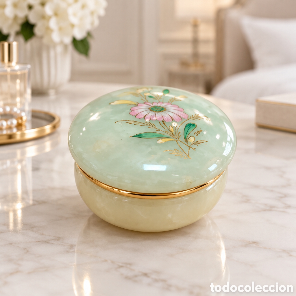 Coleccionismo: Peque&ntilde;a caja, joyero o polvera vintage de alabastro verde con un delicado dise&ntilde;o floral pintado...