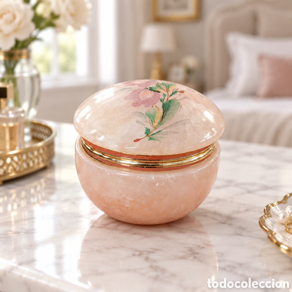 Coleccionismo: Peque&ntilde;a caja, joyero o polvera vintage de alabastro rosa con un delicado dise&ntilde;o floral pintado a man
