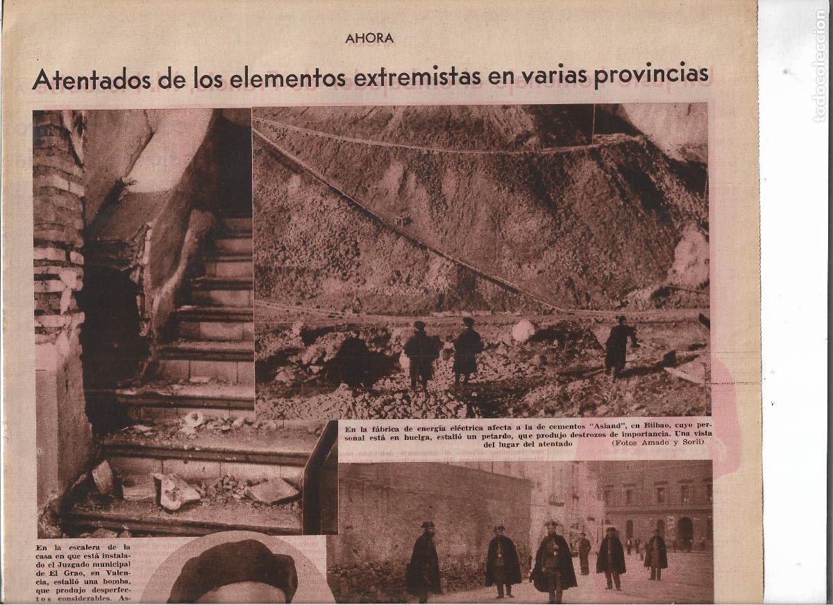 Coleccionismo: A&Ntilde;O 1933 RECORTE PRENSA ATENTADO EXTREMISTAS BOMBA FABRICA ENERGIA CEMENTOS ASLAND BILBAO
