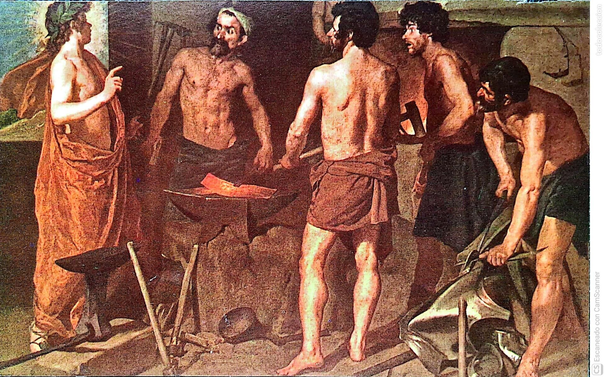 Coleccionismo: Cuadro: La Fragua de Vulcano de Vel&aacute;zquez. Recorte del tama&ntilde;o 15 x 9,5 cm. Dorso con biograf&iacute;a del