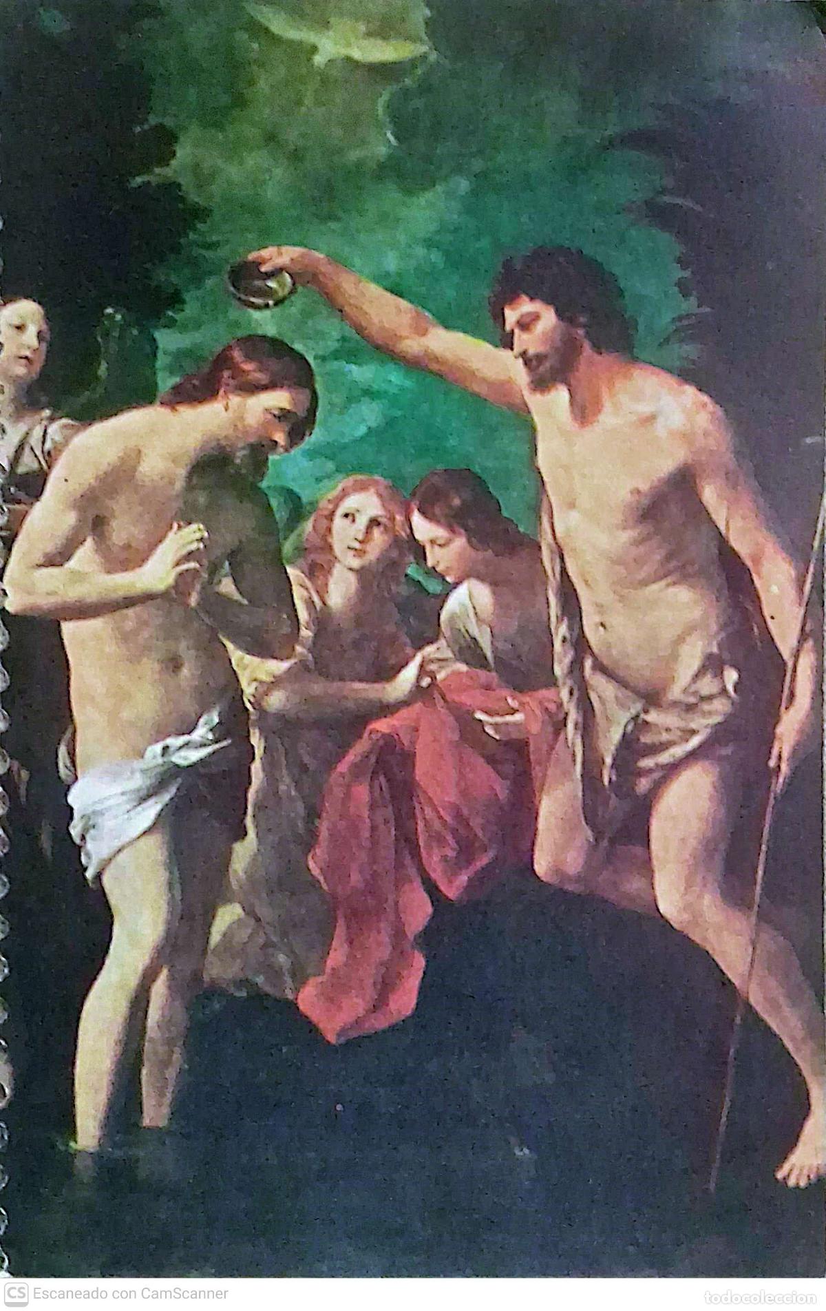 Coleccionismo: Cuadro: Bautismo de Cristo, de Guido Reni. Recorte del tama&ntilde;o 15 x 9,5 cm. Dorso con biograf&iacute;a del a