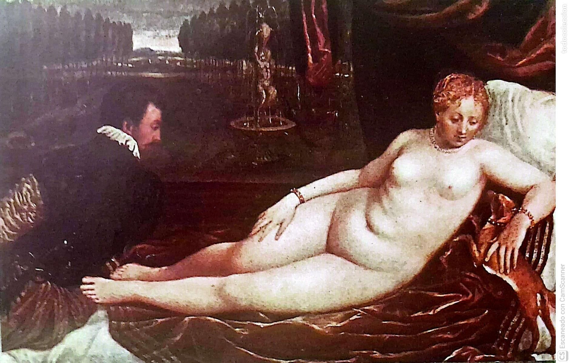 Coleccionismo: Cuadro: Venus recre&aacute;ndose en la M&uacute;sica, de Tiziano Vecelli. Recorte del tama&ntilde;o 15 x 9,5 cm. Dorso co