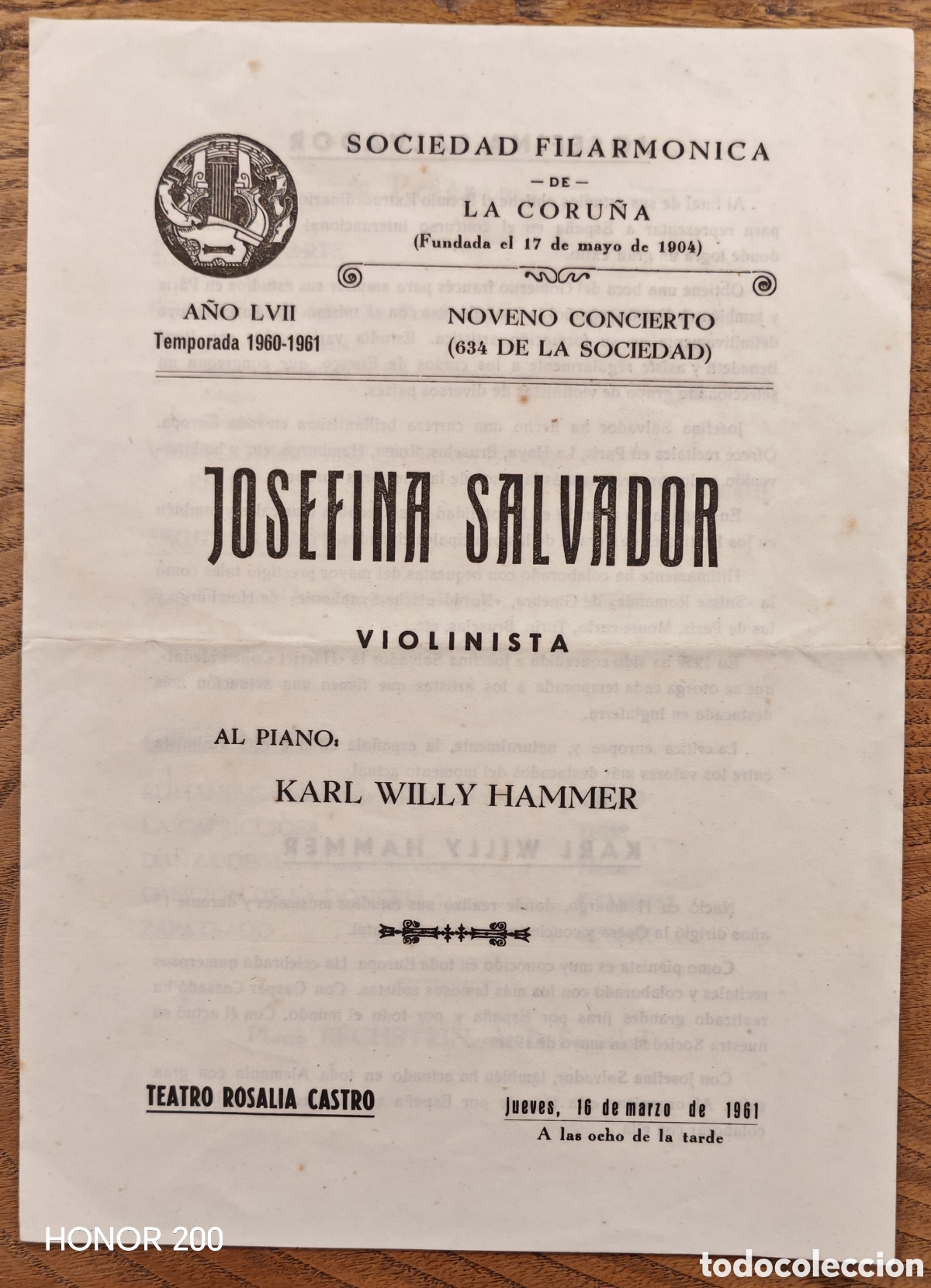 Coleccionismo: Programa Sociedad Filarm&oacute;nica - Josefina Salvador y Karl Willy Hammer - A Coru&ntilde;a 1961