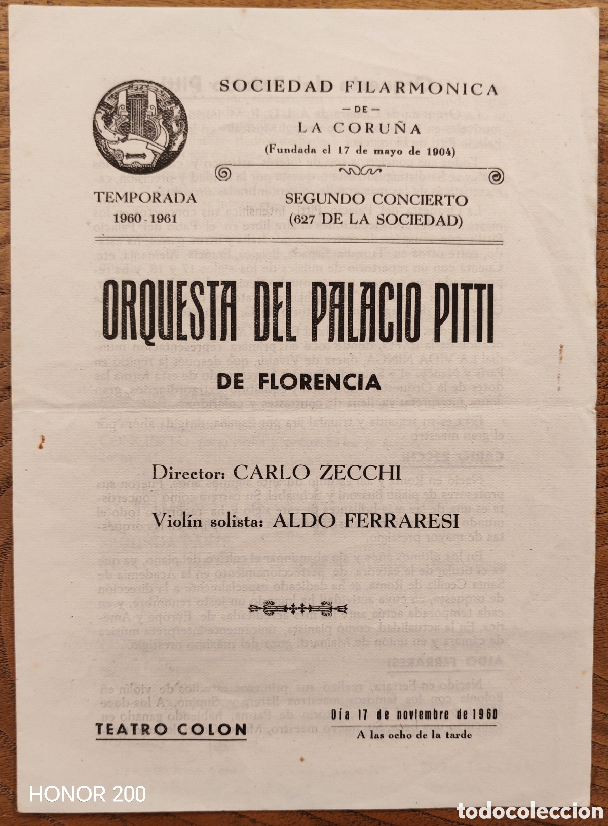 Coleccionismo: Programa Sociedad Filarm&oacute;nica - Orquesta del Palacio Pitti de Florencia - A Coru&ntilde;a 1960