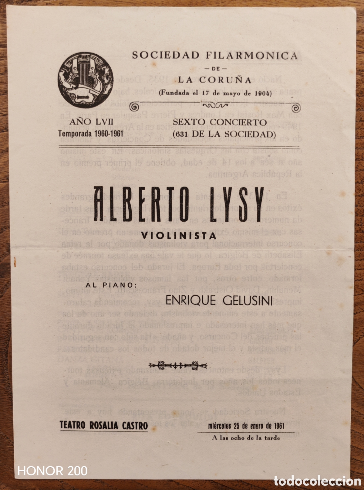 Coleccionismo: Programa Sociedad Filarm&oacute;nica - Alberto Lysy Viol&iacute;n y Enrique Gelusini - A Coru&ntilde;a 1961
