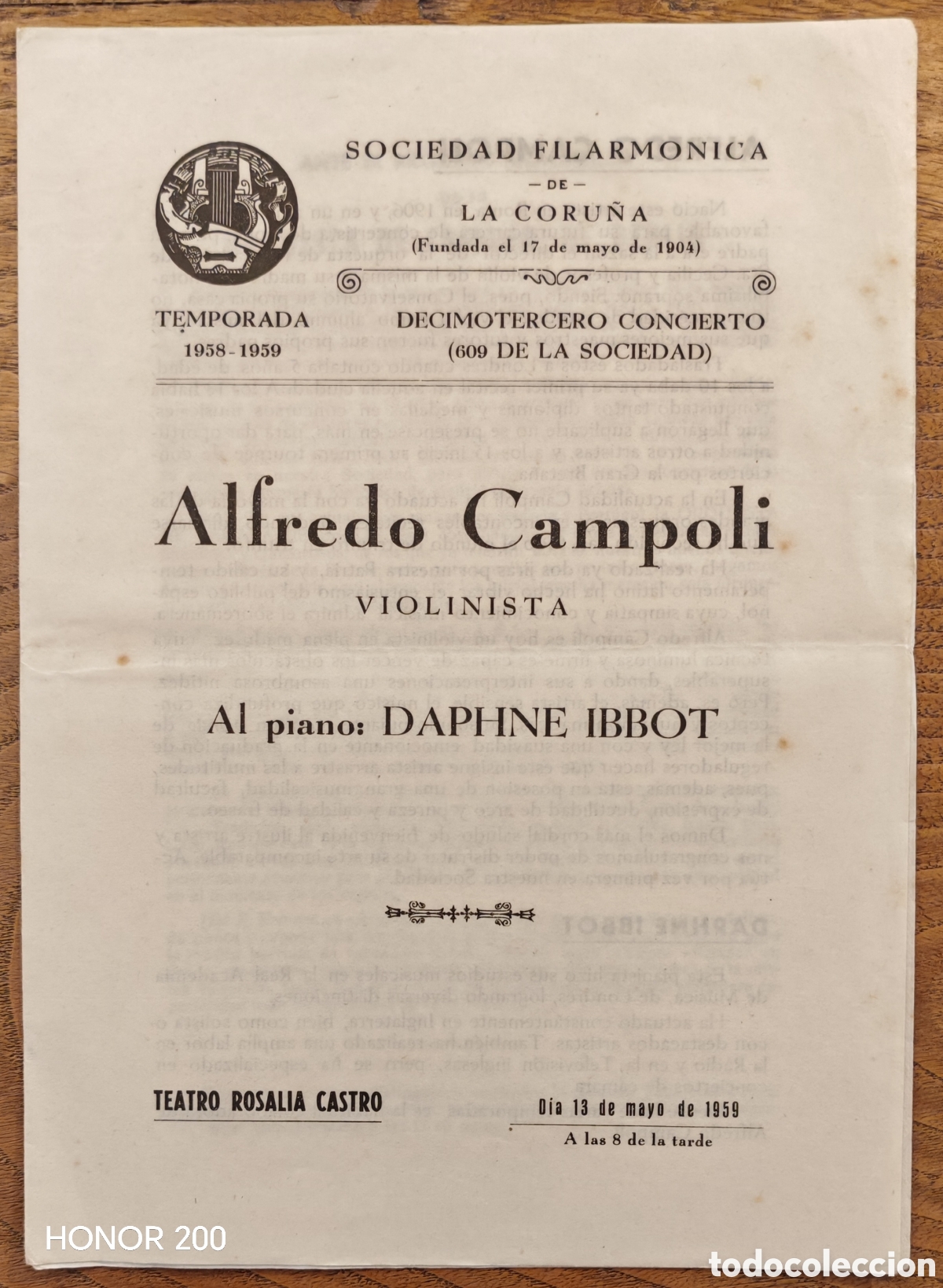 Coleccionismo: Programa Sociedad Filarm&oacute;nica - Alfredo Campoli viol&iacute;n y Daphne Ibbot - A Coru&ntilde;a 1959