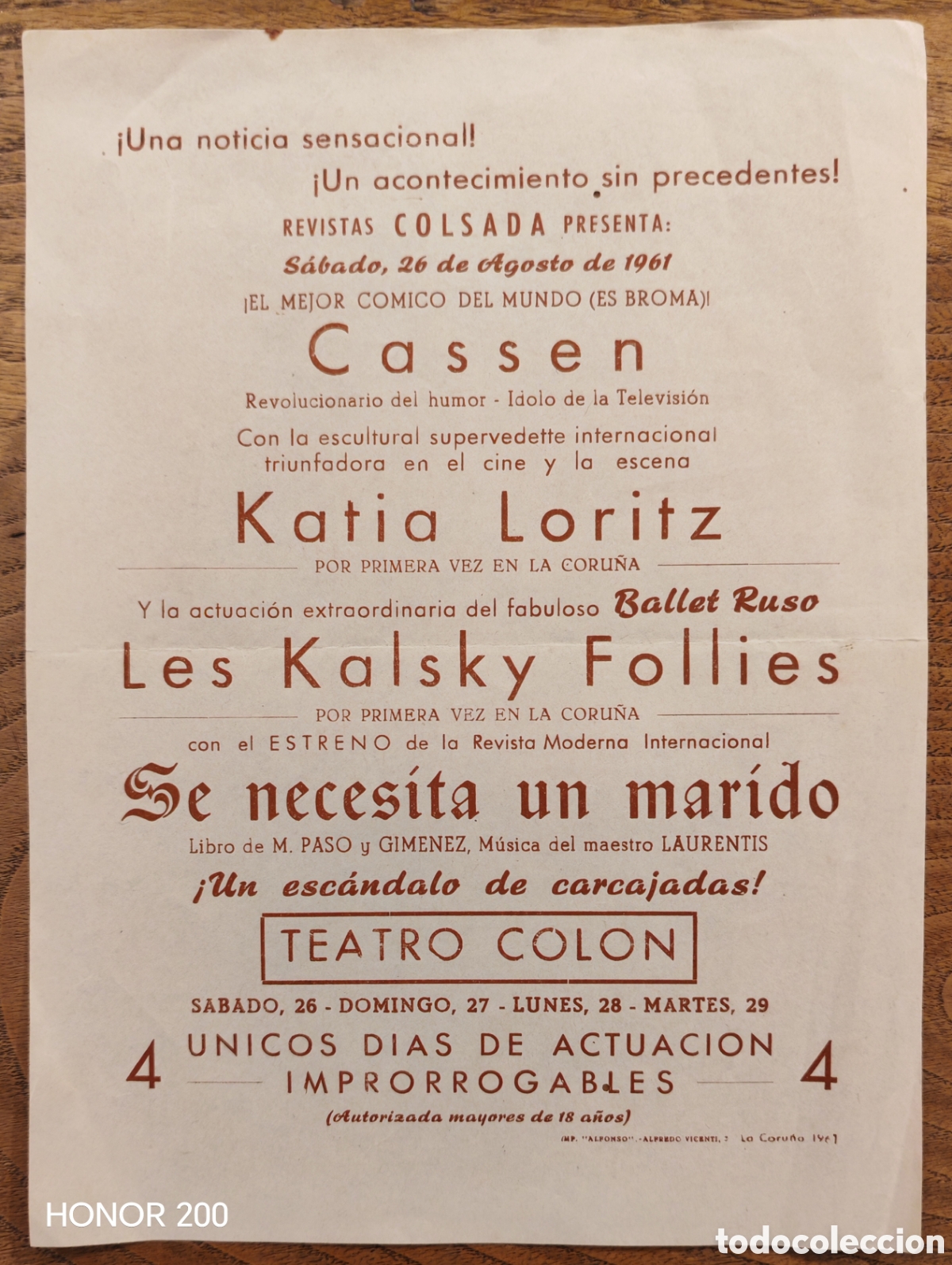 Coleccionismo: Programa Teatro Col&oacute;n - 26 a 29 Agosto 1961 - Cassen, Katia Loritz..etc - A Coru&ntilde;a